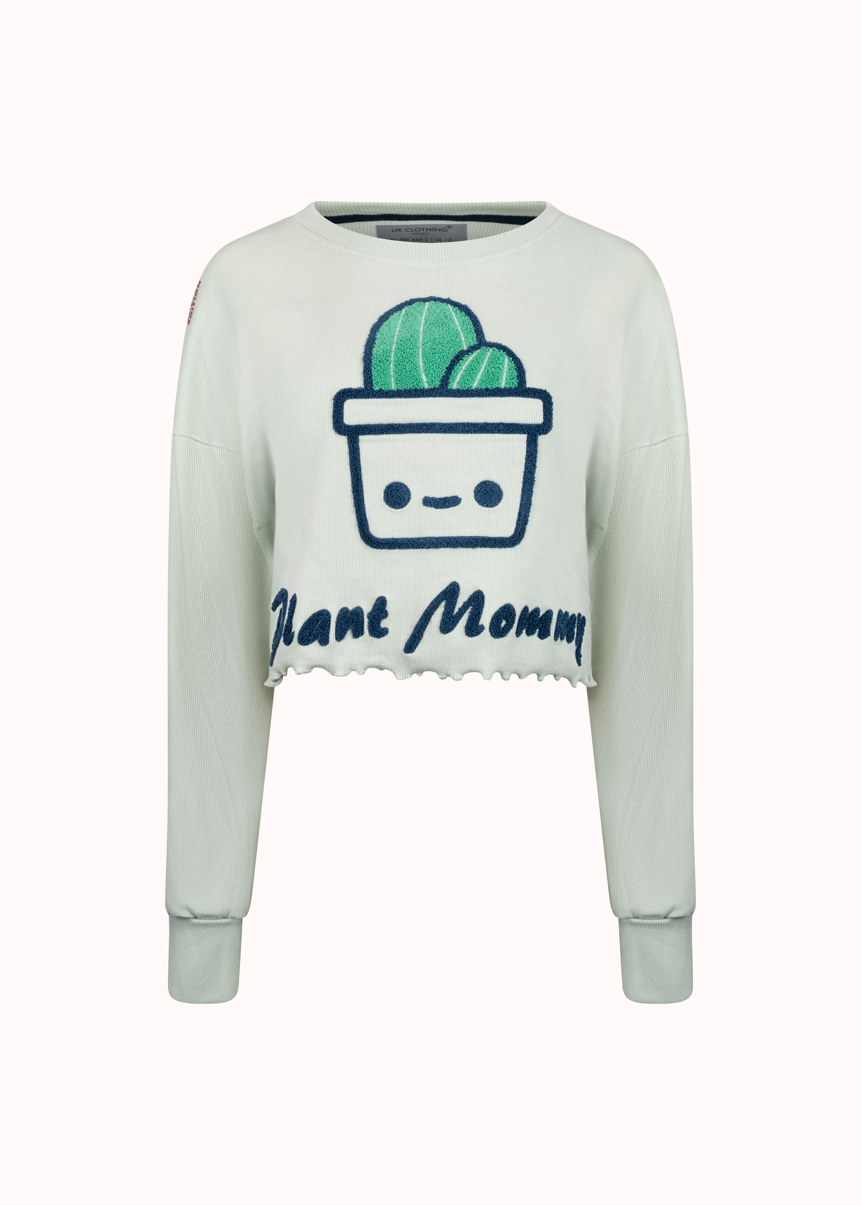 Grünes, geripptes, übergroßes, besticktes Crop-Top