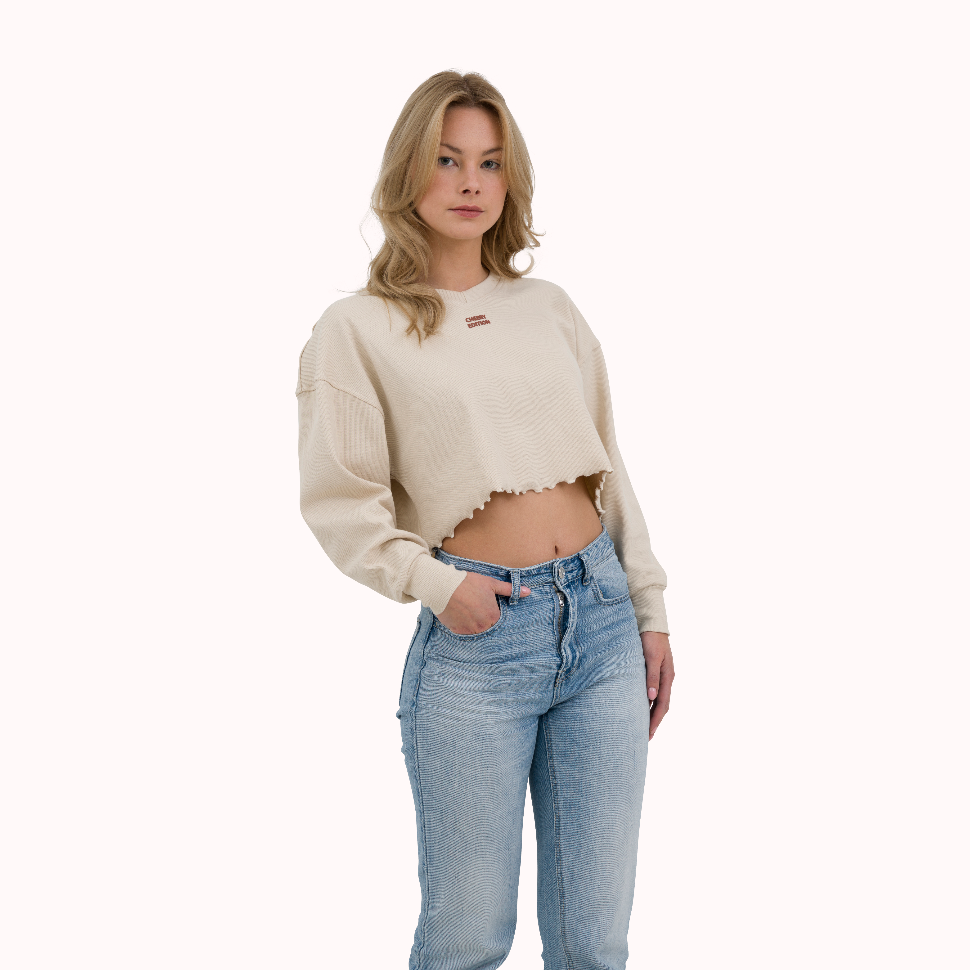 Beige ribbed oversized solid crop-top