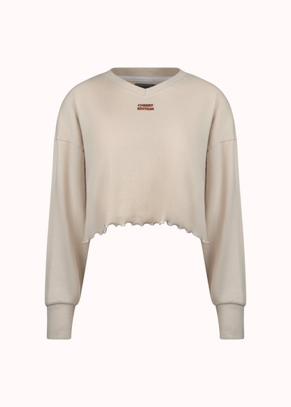 Beige ribbed oversized solid crop-top