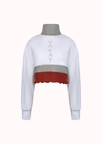 Geripptes, übergroßes, besticktes Crop-Top im Colourblock-Stil