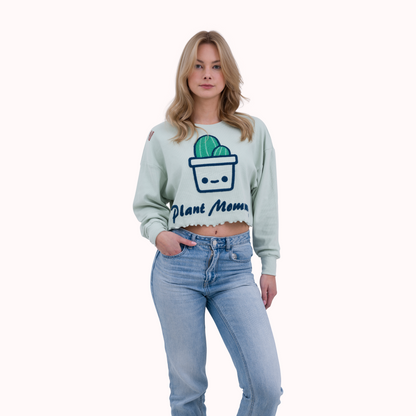 Grünes, geripptes, übergroßes, besticktes Crop-Top