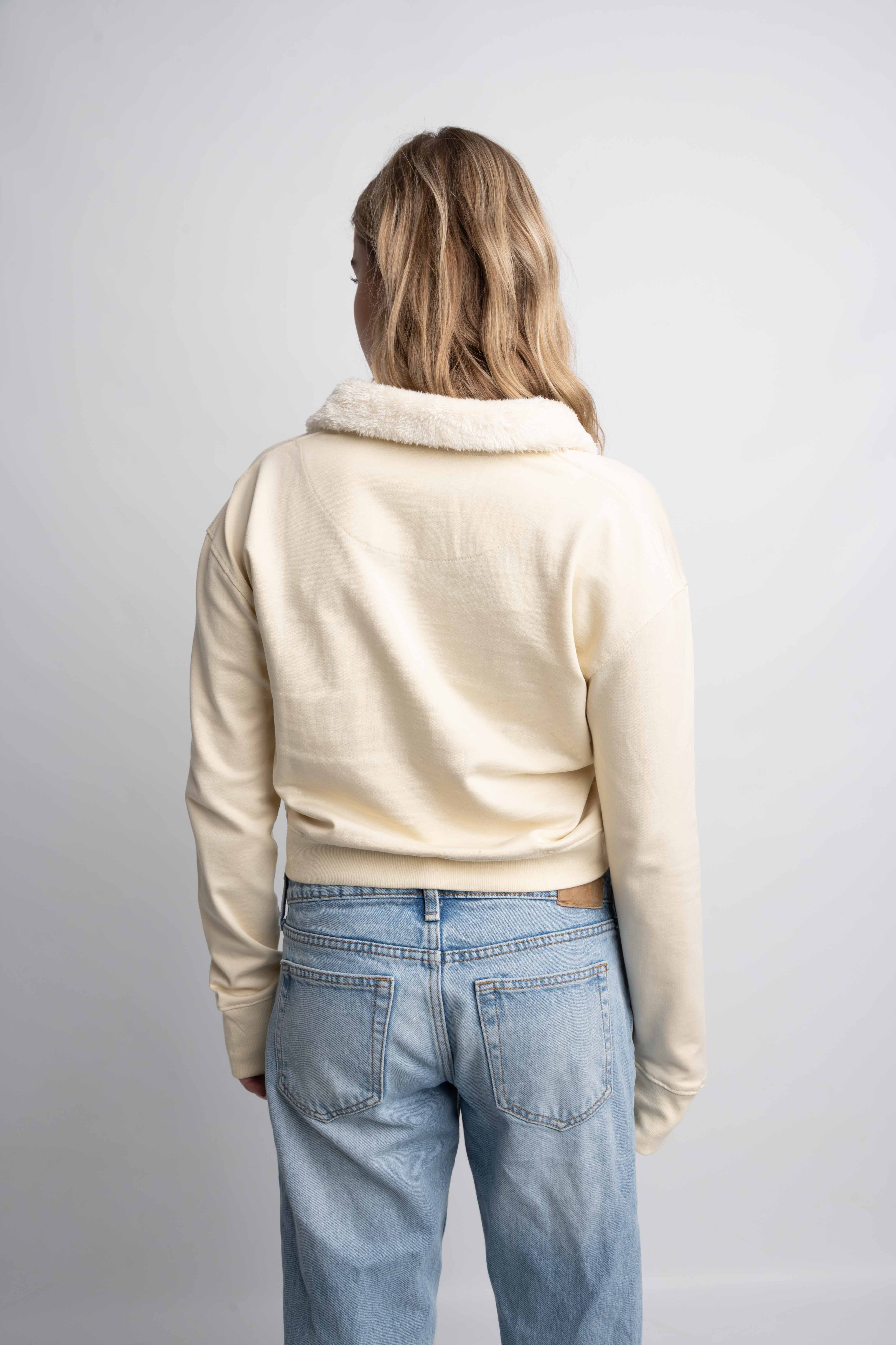 FUR NECK CROPPED POLO SWEATSHIRT