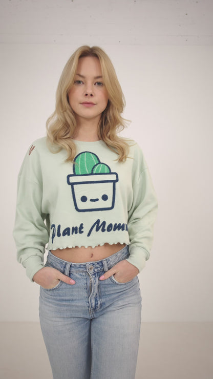 Grünes, geripptes, übergroßes, besticktes Crop-Top